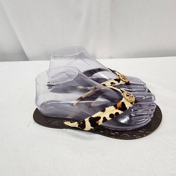 Tory Burch Thora Flip Flops Animal Print Fur Strip Gold Logo Sandals Size 7 - Picture 2 of 8